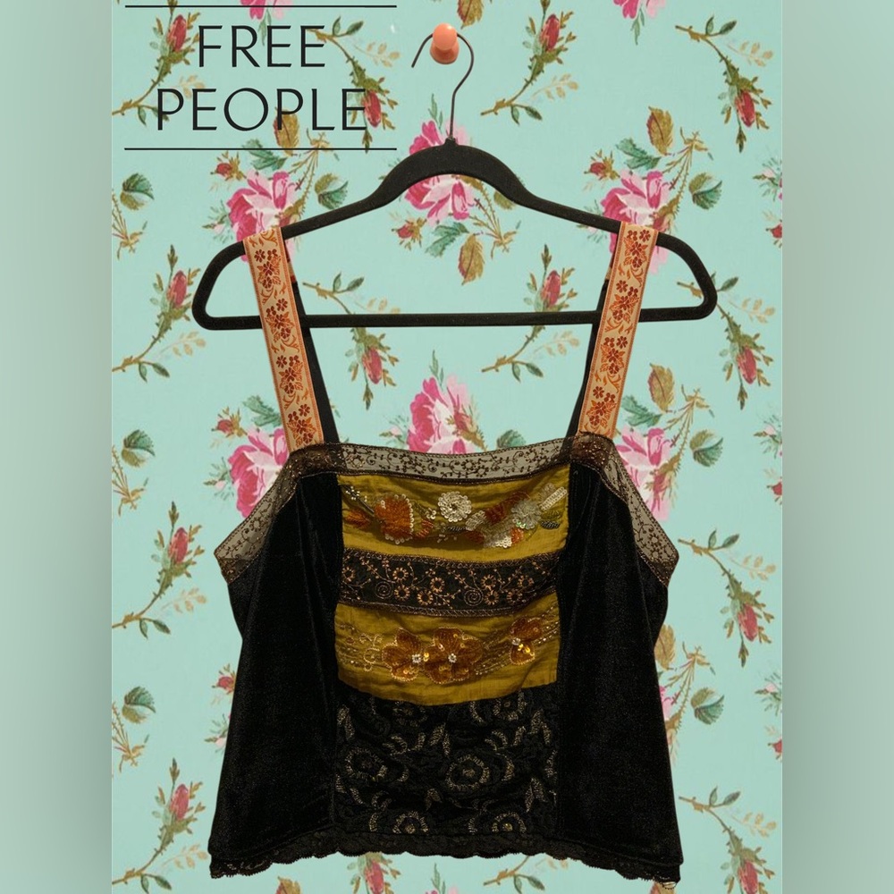 FREE PEOPLE Black and Gold Embroidered Crop Top w/Lace Beads and Sequins Size L